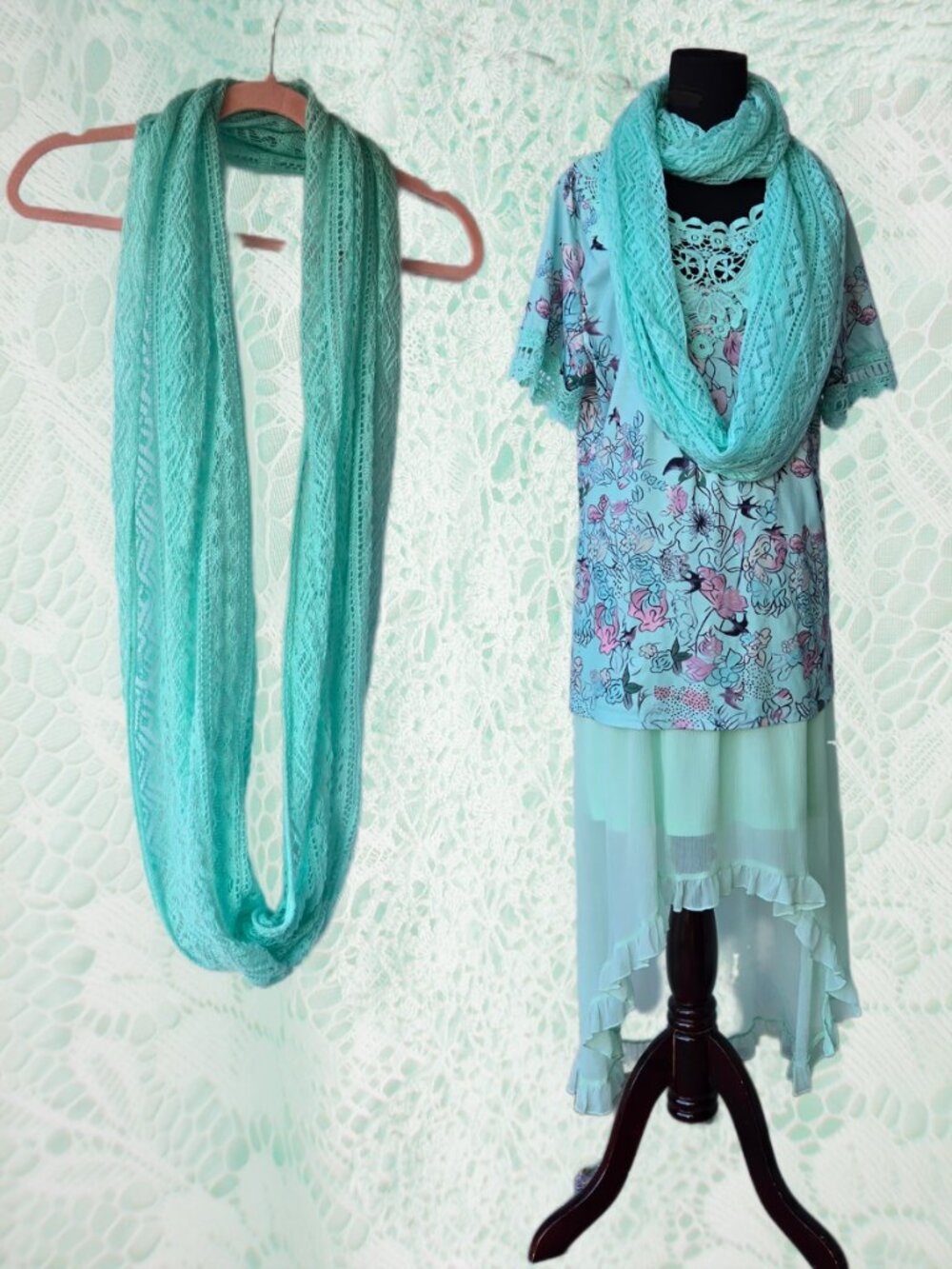 Pale Aqua Knit Lace Scarf Dainty Ethereal Pastel Fall Autumn Mermaidcore